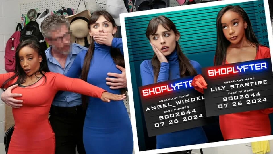 Cosplay modelleri Lily Starfire ve Angel Windell bir çift sürtük kostümü çalmaya çalışır